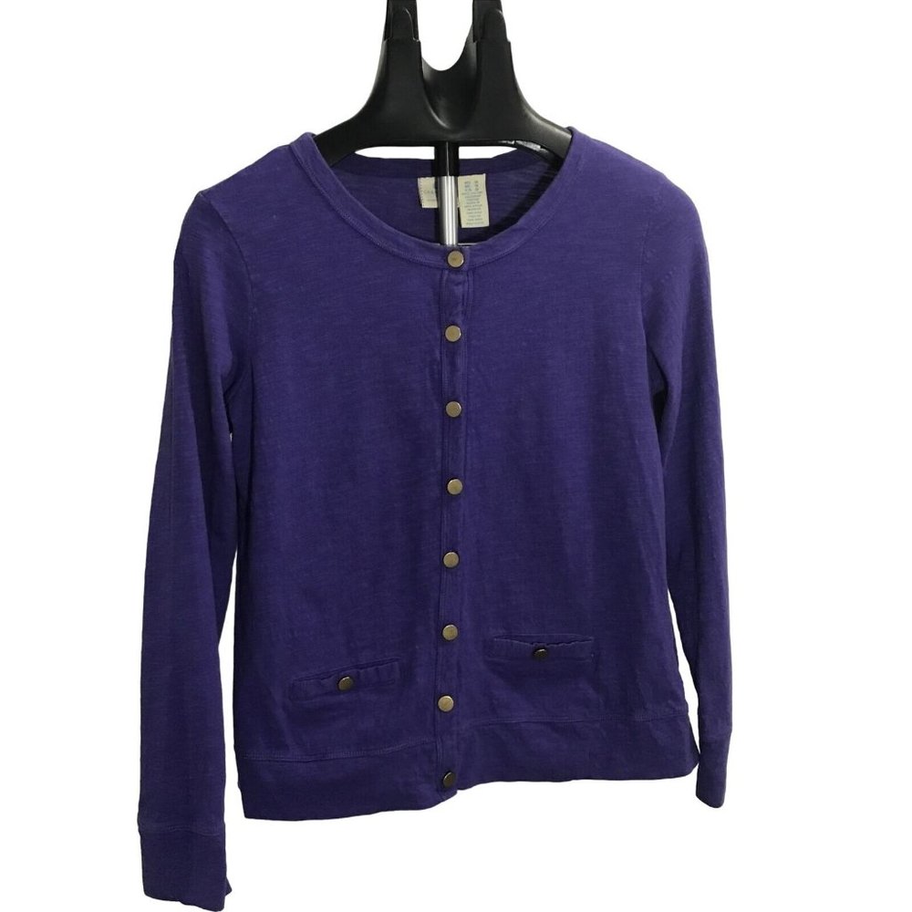 Caribbean Joe Island Women's Medium Brass Button Front Long Sleeve Purple Shirt